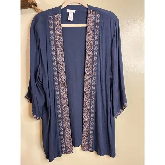 J. Jill Blue Embroidered Kimono Boho Gauze Open Bohemian Viscose, size: One Size - Picture 2 of 11